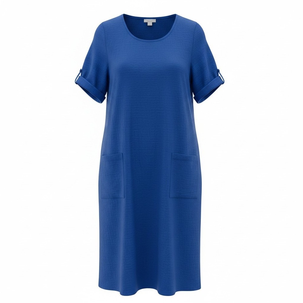 Chicos Women Shift Dress 0 S Blue Cotton Double Gauze Cuffed Pocket‎ Lagenlook